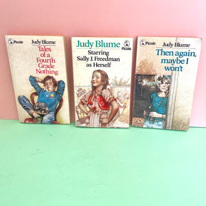 Judy Blume books 1980s . Titles are ;Then again ,maybe I won't , Starring Sally J Freedman as Herself and Tales of a Fourth Grade Nothing . Piccolo Press. classic 1980s covers .