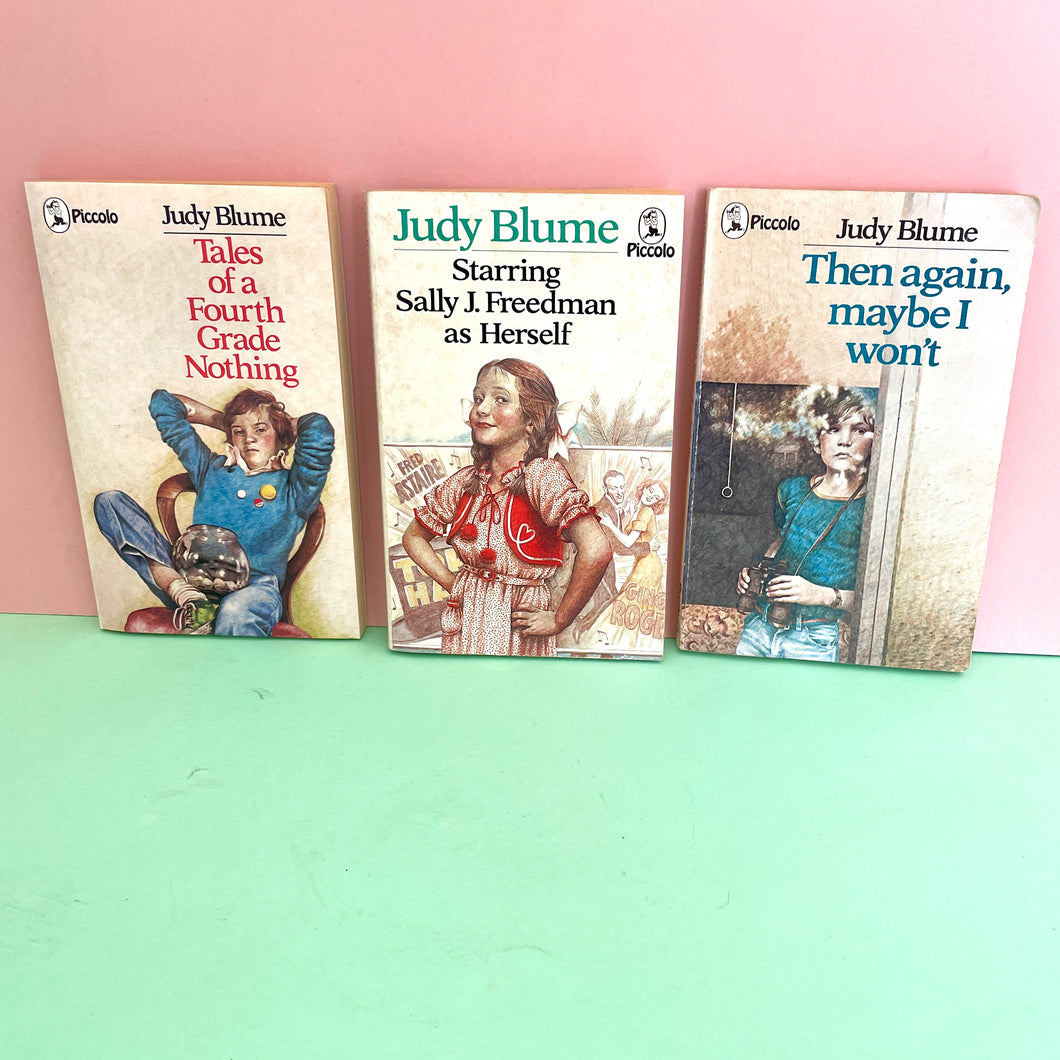 Judy Blume books 1980s . Titles are ;Then again ,maybe I won't , Starring Sally J Freedman as Herself and Tales of a Fourth Grade Nothing . Piccolo Press. classic 1980s covers .